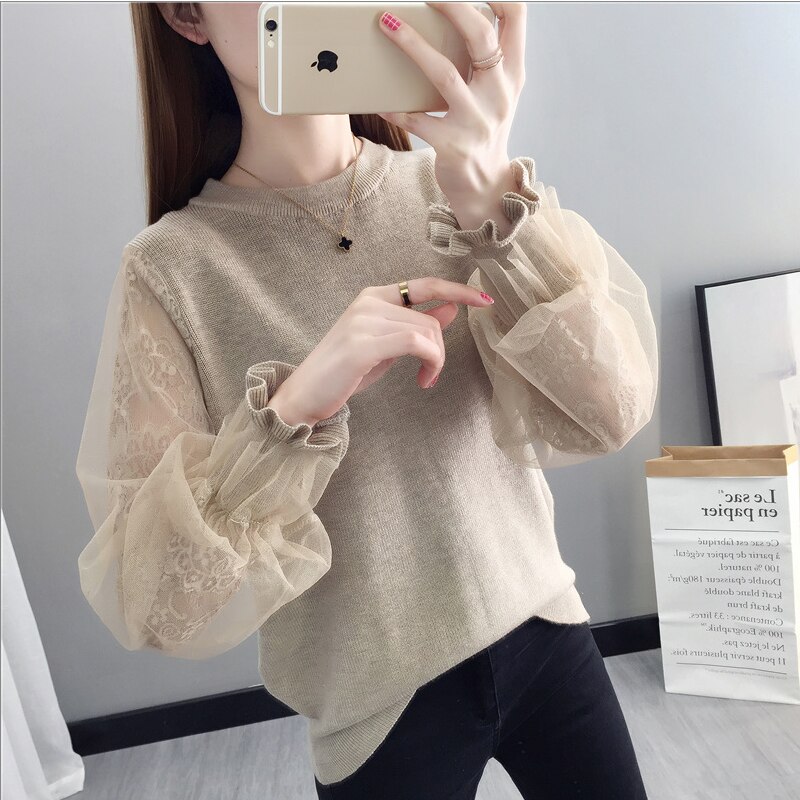 Menina malha manga longa camisola de malha feminino o pescoço solto preguiçoso costura lanterna manga laço bottoming jumper primavera 2020 primavera: Cáqui