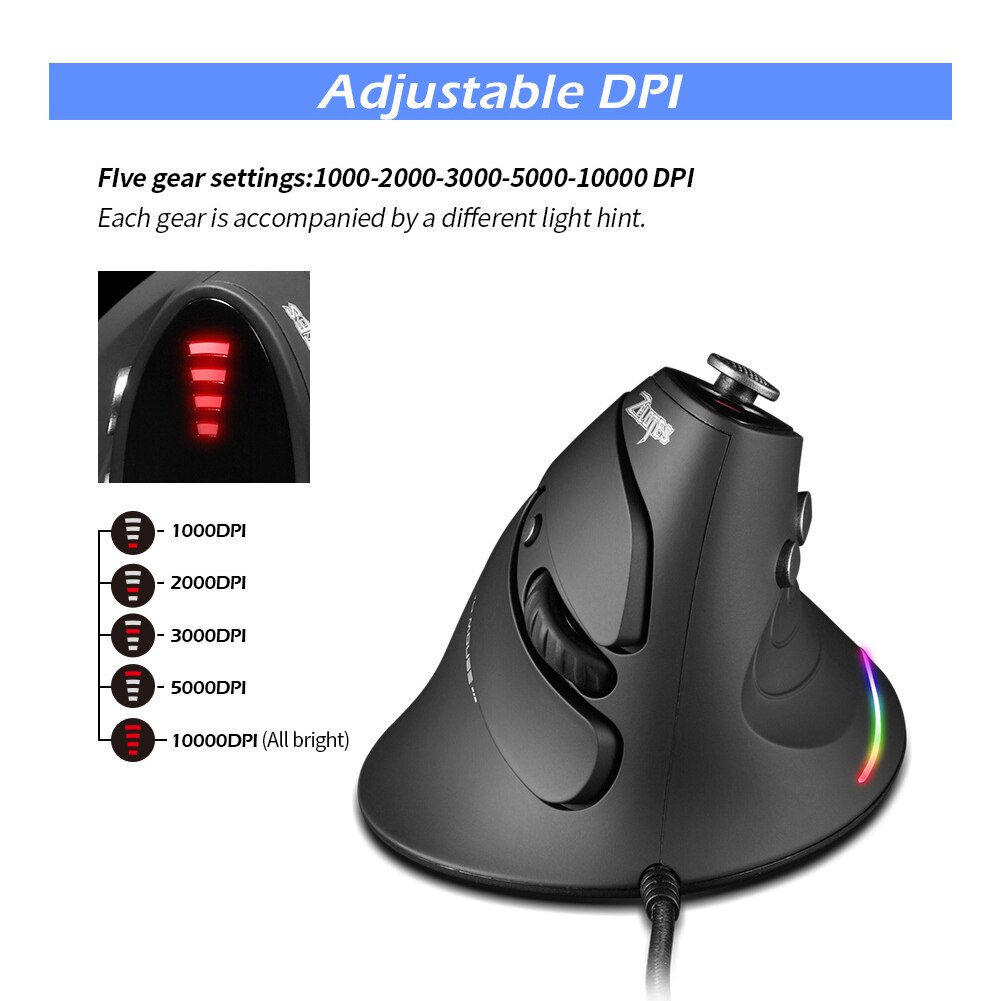 ZELOTES – souris optique de jeu C-10 DPI, 5 Modes, verticale, avec lumière LED RGB, pour ordinateur de bureau, PC et Notebook, 10000