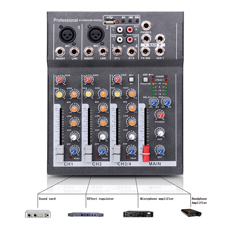 Mini-tragbarer audiomixer mit usb-dj-soundmischpult,  mp3 klinkenbuchsen , 4- kanal-karaoke, 48v verstärker (eu-stecker)