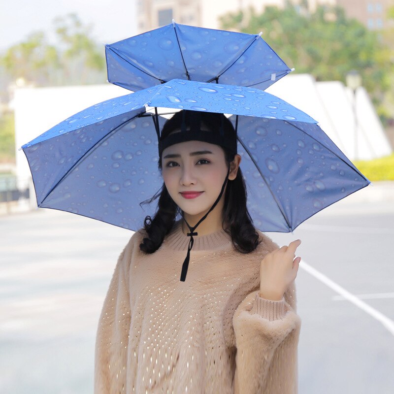 Hands-free Folding Cap Umbrella 77cm Double-layer Windproof Head-worn Umbrella Outdoor Sun Protection UV Protection Umbrella