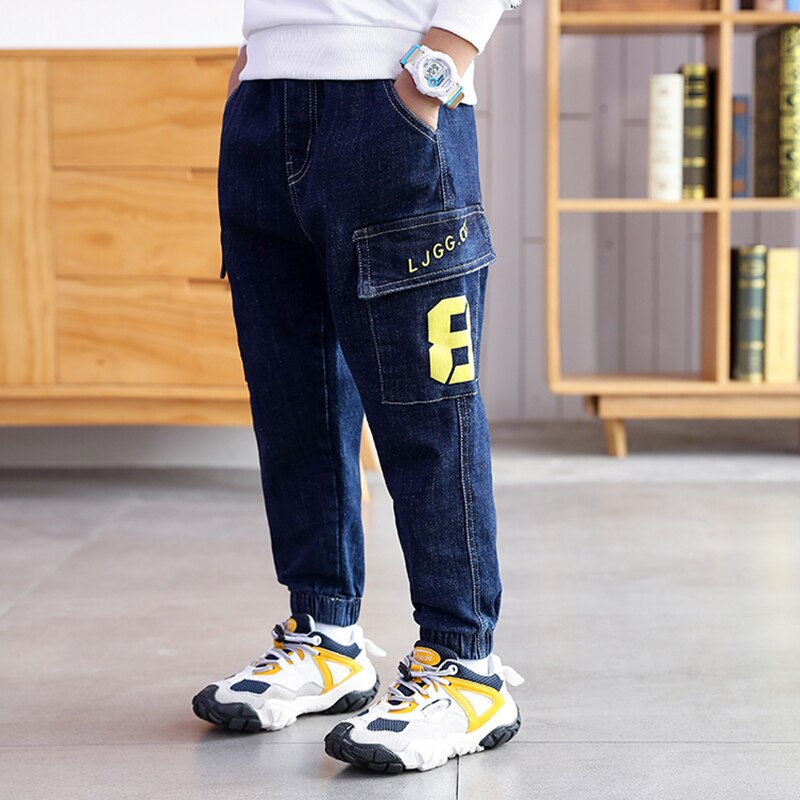 IENENS enfants Jeans décontractés automne Cargo pantalon 5-13 ans taille élastique pantalon enfants lettre jean garçons Denim pantalon