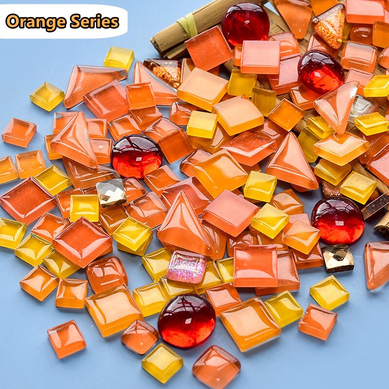 120g/4.23oz diversificerede glasmosaikfliser form/farveblanding flise rund/trekant/firkantet gør-det-selv mosaik håndværk skinnende materialer: Orange serie
