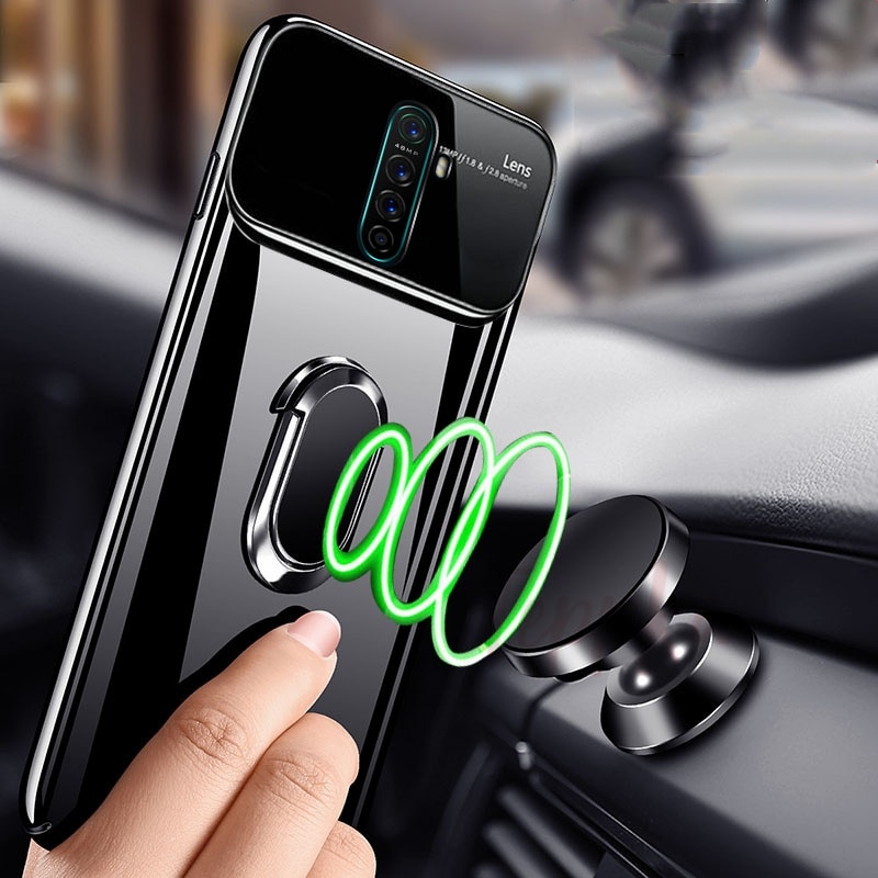 Luxury Mirror Slim Case For Realme X2 Pro Case Finger Ring Holder Anti-knock Hard PC & Glass Cover For OPPO Realme X2 XT Coque