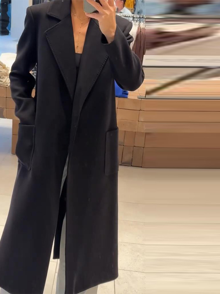 Elegante dames zwarte lange jas met riem Stijlvolle revers Veterschoenen Trenchcoat Herfst Winter Wolmix Bovenkleding Mode-outfit