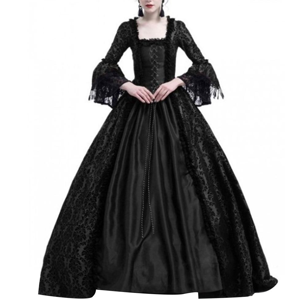 Medieval Renaissance Queen Ball Gown Bell Sleeve Maxi Dress Halloween Costume: Black / M