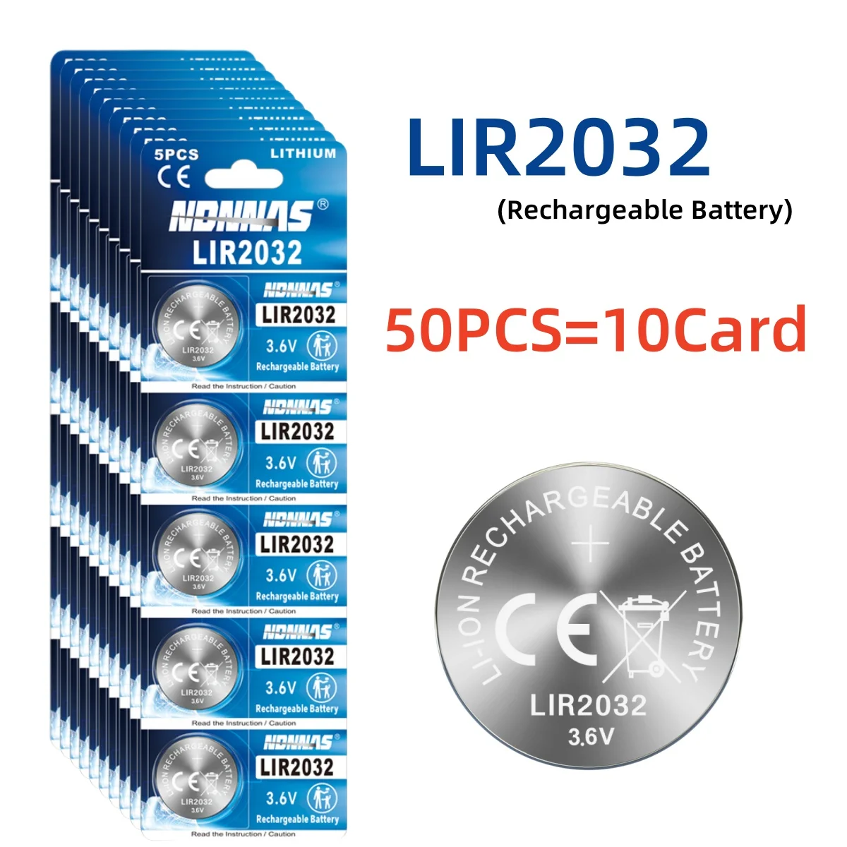 Bateria recarregável LIR2032, 20-50 peças, célula de lítio tipo moeda, pode substituir CR2032 para relógio: Azul