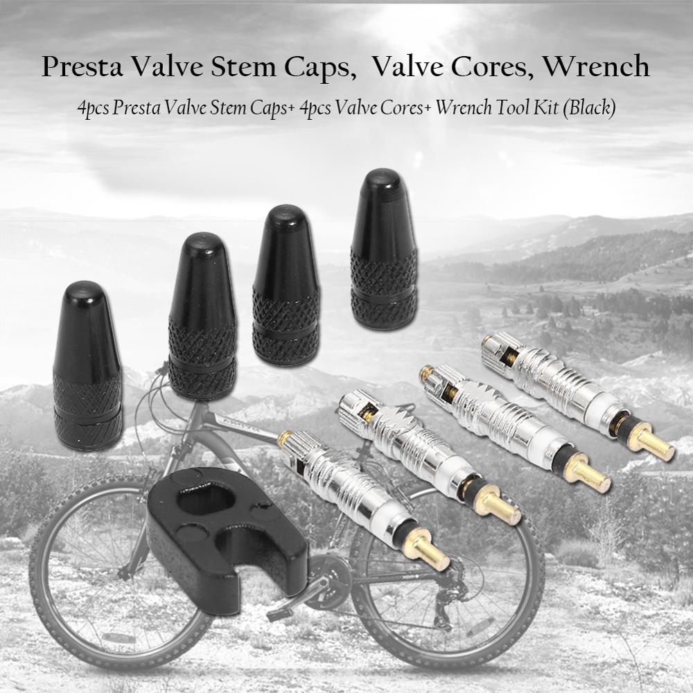 4 Uds. De tapones para vástago de válvula Presta + 4 Uds. De núcleos de válvula + Kit de llave, herramientas para bicicleta de montaña y carretera, piezas de repuesto, accesorios para neumáticos de bicicleta