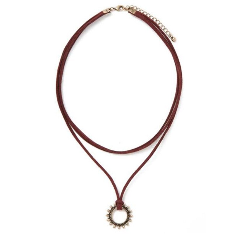 Modemerk Sieraden Bruin Lederen Ketting Dubbele Ketting Populaire Hals Zon Choker Ketting Voor Vrouwen Fabriek