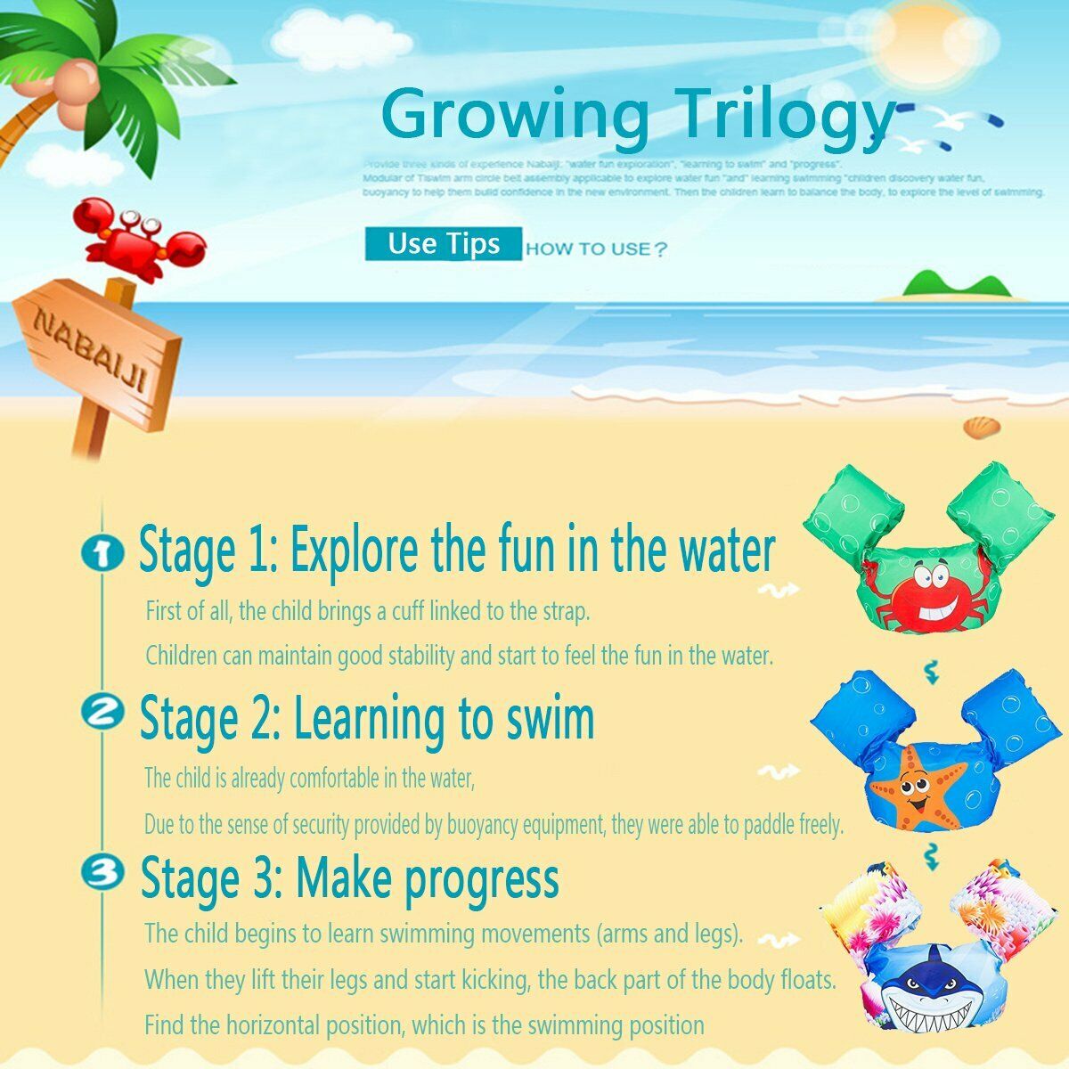 Baby Float Vest with Arm Bands Adjustable Buckle Snap Green Crab Swimming Pool Life Jacket