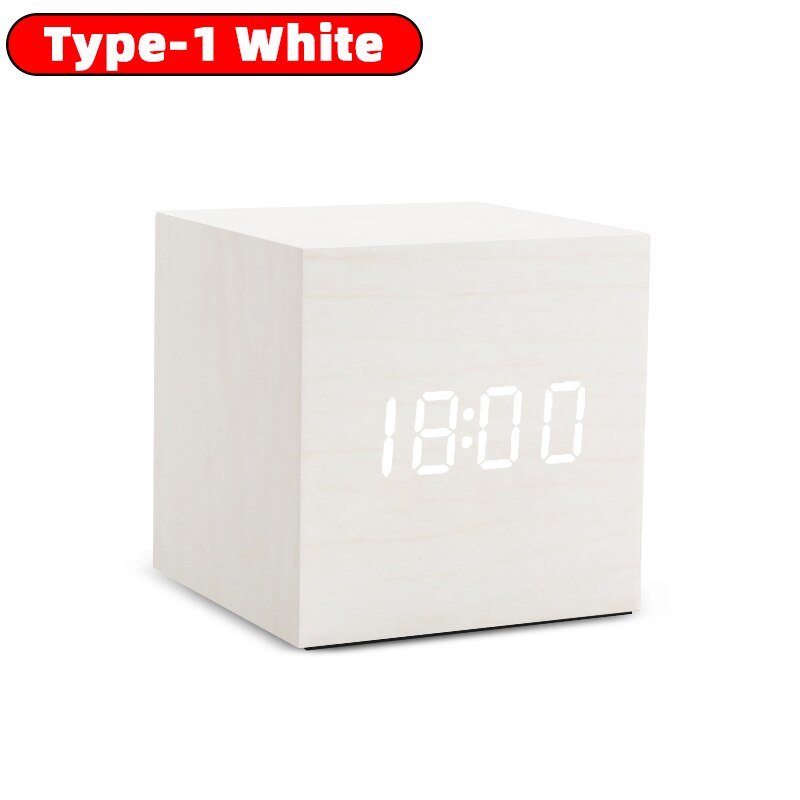 Wekker Tafel Klok Led Digitale Houten Usb/Aaa Aangedreven Bureauklok Temperatuur Vochtigheid Voice Control Elektronische Home Decor: type 1-white