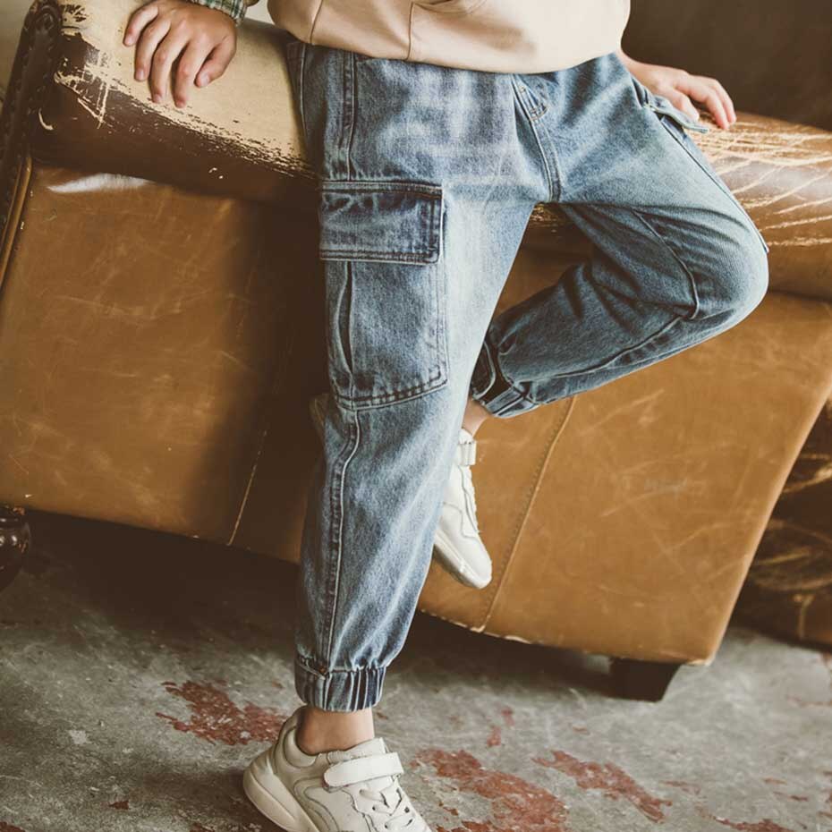 Drenge jeans solid cargo bukser børn jeans dreng elastiske talje jeans til drenge skole forår efterår afslappet jeans tøj til drenge