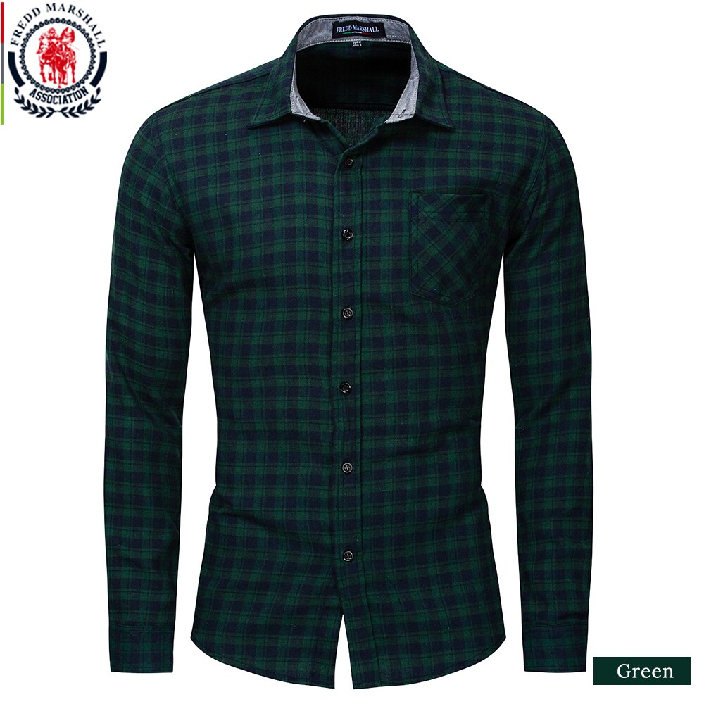 Fredd Marshall Autumn Long Sleeve Casual Plaid Shirt Men Cotton Button Down Regular Dress Shirts Male Brand Clothes 170: 170 Green / XXXL