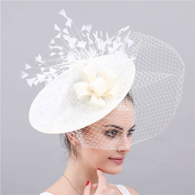 Janevini Grote Elegante Vrouwen Hoeden Bruiloft Facinators Linnen Mesh Birdcage Veil Ivoor Prinses Bruid Kant Hoed Accesorios De Novias