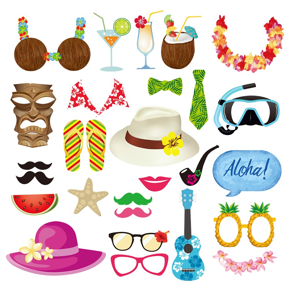 28pcs Hawaii Photo Booth Props Kit Beach Vacation Seaside Photobooth Dress-Up Accessories