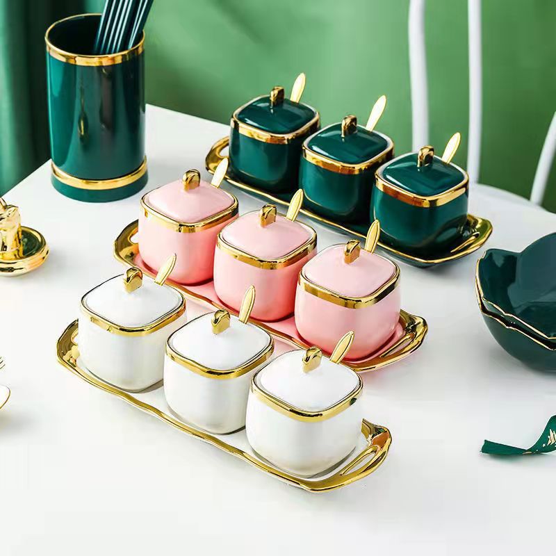 Ceramic Condiment Spice Jars Set Bottle Luxury Golden Salt Sugar Tea Container Storage Jar Household Cooking Kitchen Tool