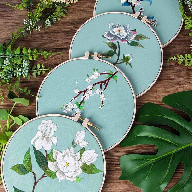 Hand Chinese Flower Embroidery Kits Needlework Kits Floral Cross Stitch Sets with Hoop Swing Art Wall Painting Home Decor