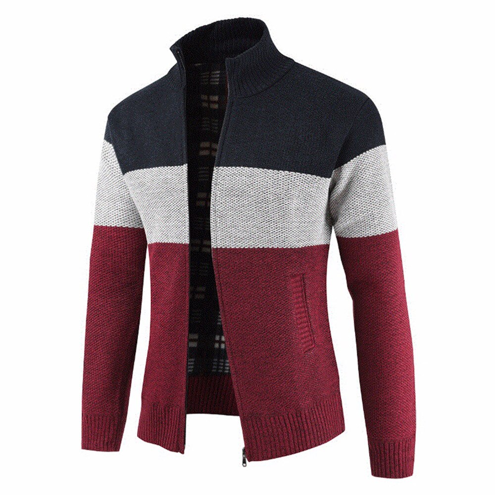 Herr ull cardigan tröja ledig tröja randiga fickor stickad ytterkappa för höst vinter