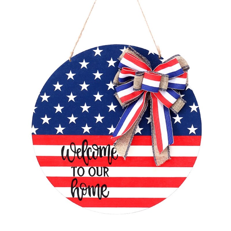 Our Home Sign Rustic Front Door Hanger Round Wooden Hanging Sign for Farmhouse Porch American Independence Day Decoration