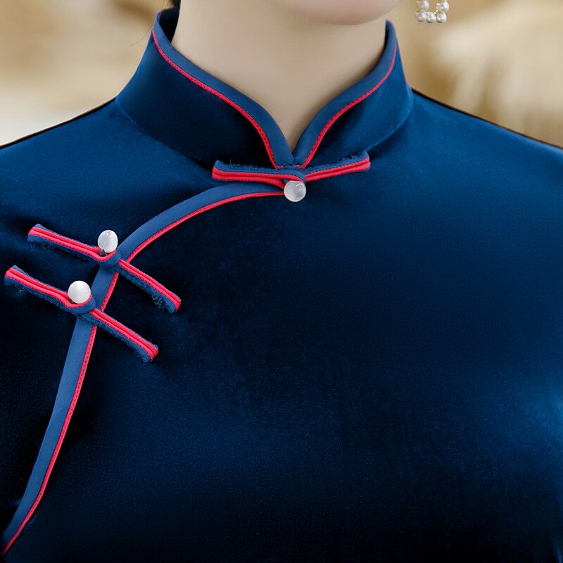 Qipao chino de manga de tres cuartos con cuello mandarín azul marino de terciopelo, ropa Cheongsam de talla grande, vestidos para mujer 4XL 5XL