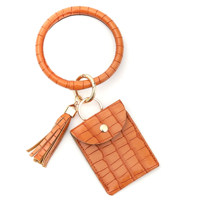 H3CB Sleutelhanger Armband Polsbandje Bangle Key Kaarthouder Grote Ronde Sleutelhanger Lederen Kwastje Voor Vrouwen Meisjes Met Portemonnee: Bruin
