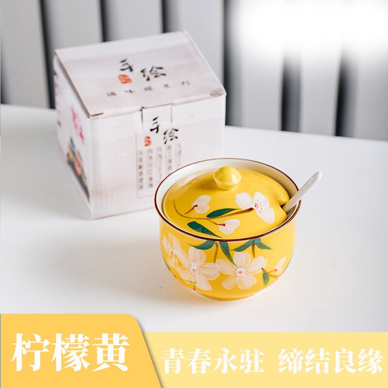 Tanque de condimentos de cerámica con forma de gato de dibujos animados japoneses, cuchara de cerámica, salero, tarro de especias, accesorios de cocina, caja: Yellow Flowers