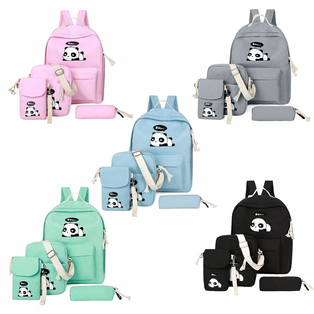 4 pçs/set bonito dos desenhos animados das mulheres panda impresso mochilas lona ombro clutch schoolbags composite sac a dos mochila feminina 2018