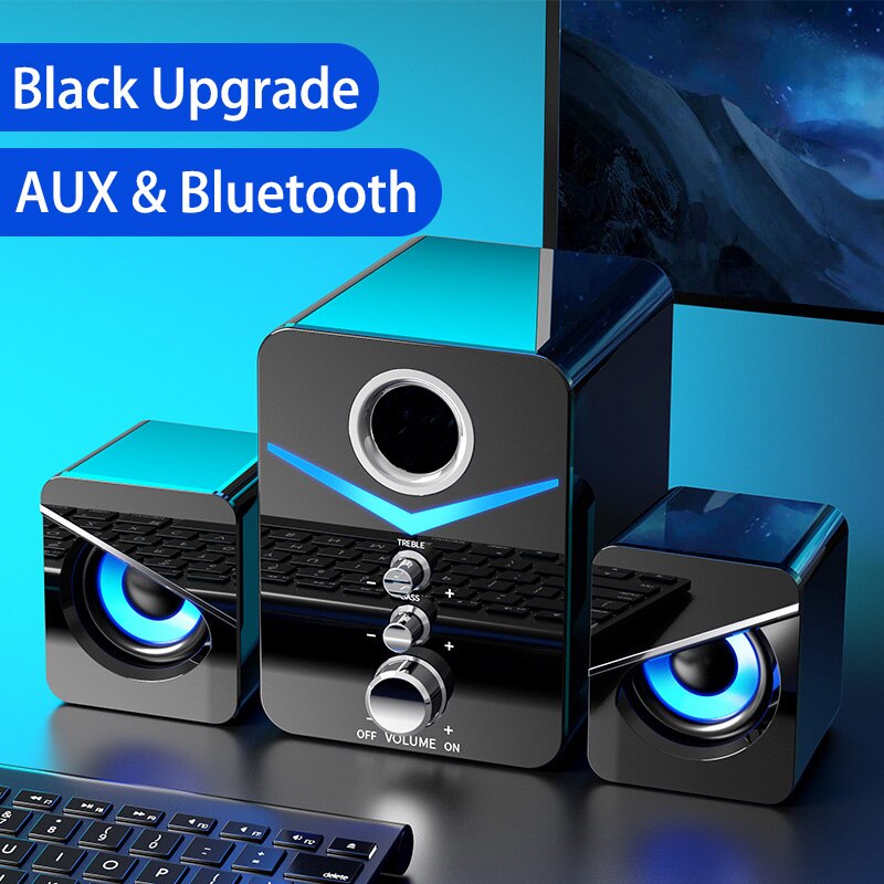 LED Computer Speaker 4D Surround Sound Mini Subwoofer Music Speaker for Laptop Notebook PC Phone Stereo Bluetooth Loudspeaker: D221 Black Bluetooth