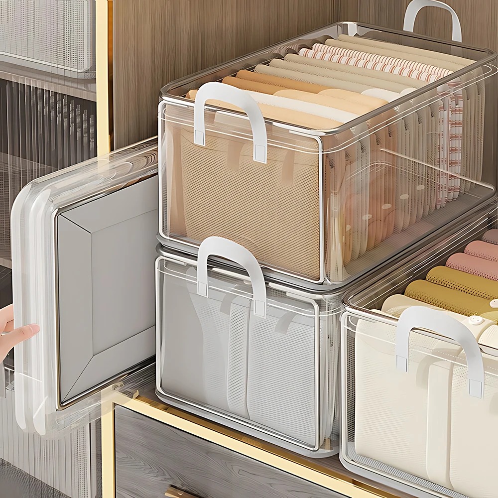 Clothes Storage Box Household Wardrobe Clothes Layered Finishing Box Transparent Folding Storage Basket Frame Artifact
