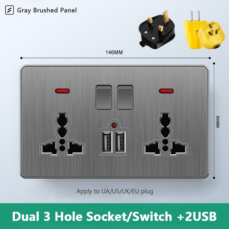 Atlectric Usb Wall Socket Standard Electrical Socketes Gray brushed Panel Multi-function Socket With Switch For Home AC110-250V: 23HD2U2GL