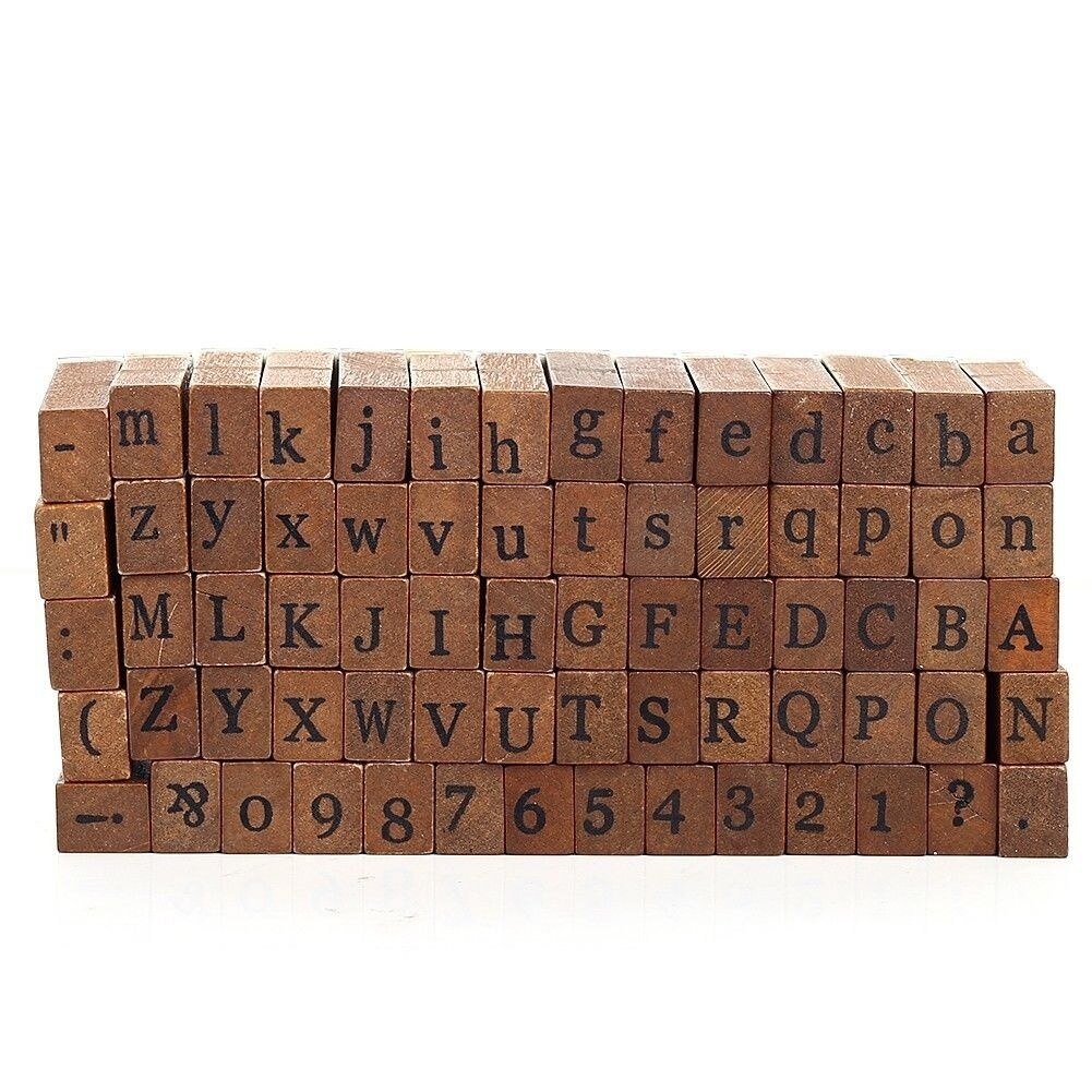 Caja de madera con letras del alfabeto multiusos, juego de sellos de goma, , 70 Uds.