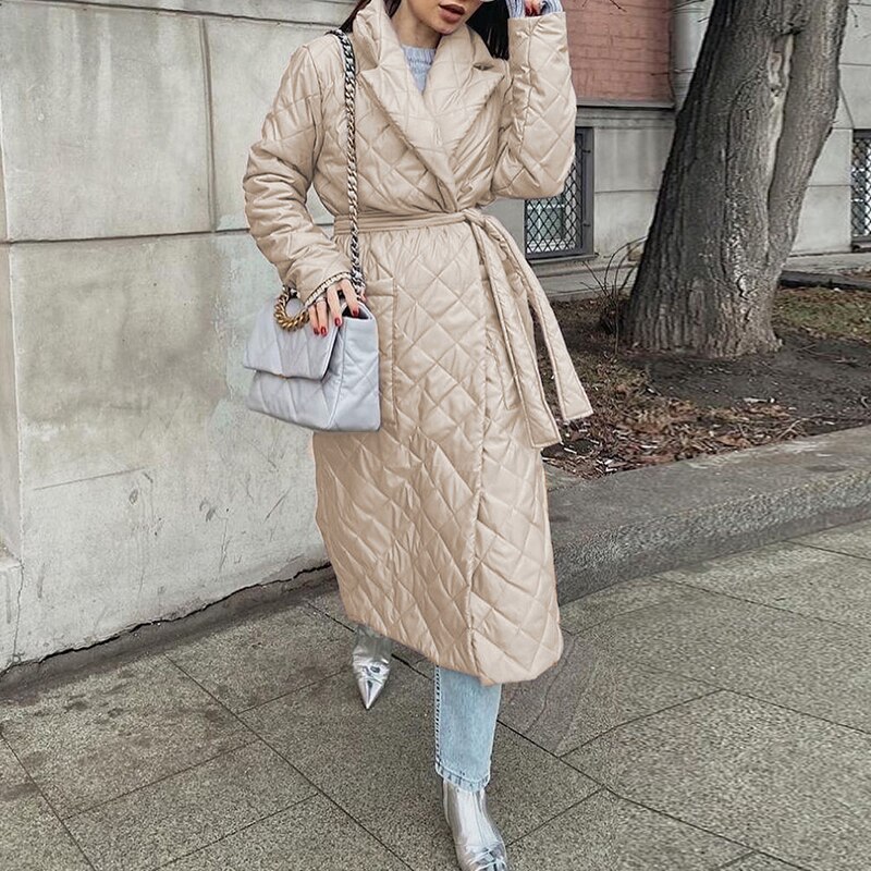 LUZUZI-abrigo largo argyle para mujer, parkas finas con cuello, abrigo con cinturón, abrigo a cuadros para invierno