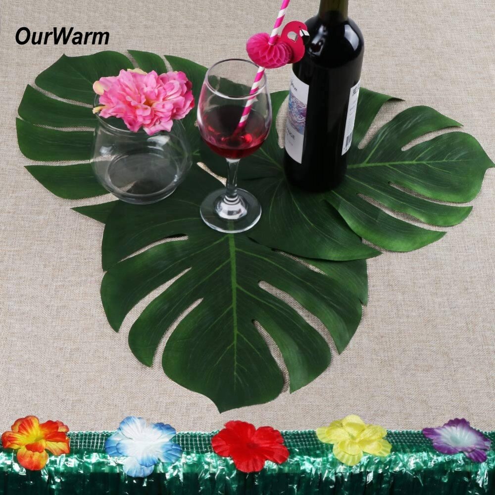 Ourwarm 12 stk. 35 x 29cm palme blad bord dækkeservietter kunstige blade dækkeservietter til bord decoartion bord tilbehør hawaii fest