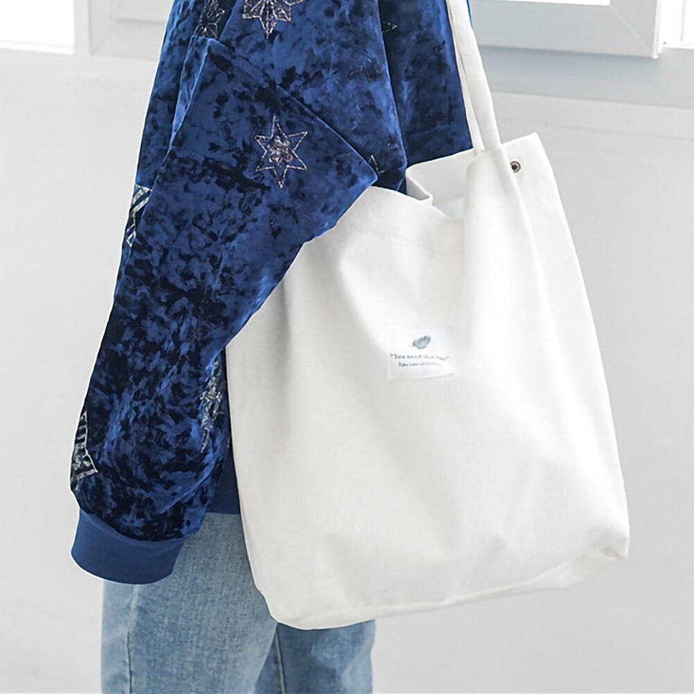 Bolso de pana para mujer, bolsa de compras de tela de lona, bolsa de lona ecológica, bolso de hombro de algodón de gran capacidad, bolsa de compra reutilizable: white