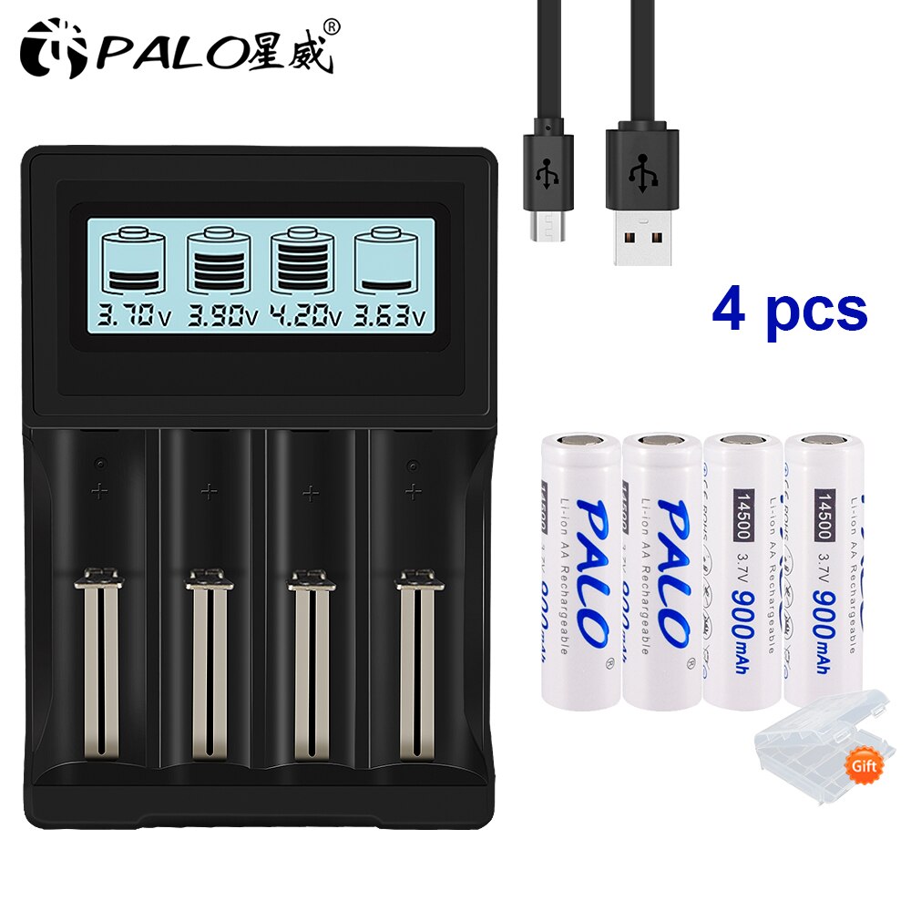 PALO 3.7V 18650 batterij oplader voor 18650 26650 16340 14500 lithium batterij + 14500 AA Li-Ion Oplaadbare Batterij: 4pcs and charger