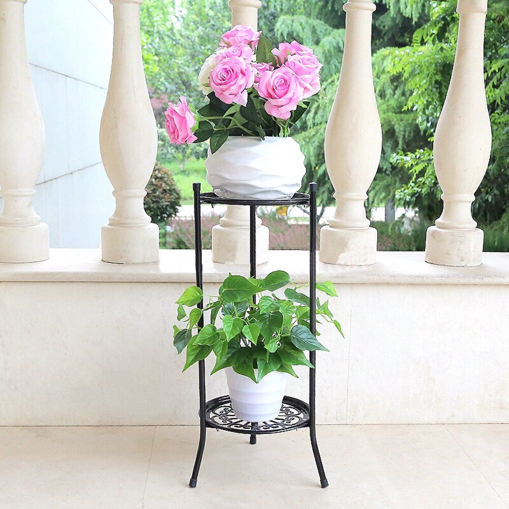 Soporte para maceta, accesorio negro/blanco de 2 niveles, exhibición , jardín, maceta para flores de balcón, estante de soporte, decoración de interior para el hogar