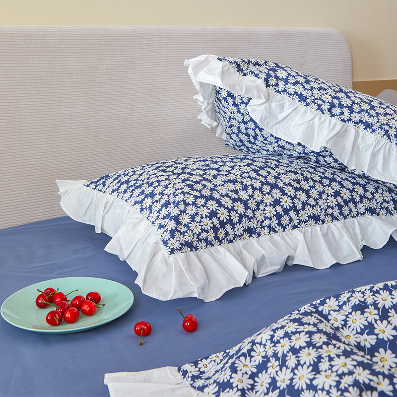 Housse de couette 100% coton à volants, Style japonais rétro, fleur de marguerite, 200x230cm (sans taies d&#39;oreiller)