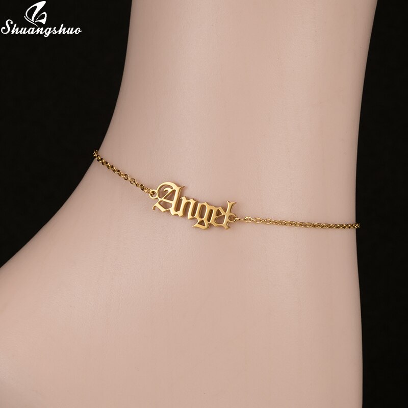 Vintage engelska bokstav ängel fotlänkar guld rostfritt stål kedja babygirl fotled armband för kvinnor fot smycken sommar strand