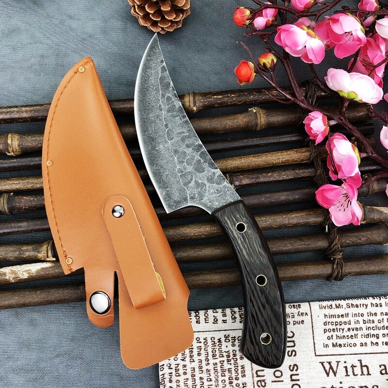 Full Tang Boning Knife 5.5 Inch Cleaver Butcher Knives Handmade Forfed Steel Knife Slice Chef Knives With Leather Sheath: Black