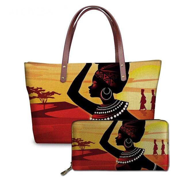 Custom mode 2pcs/set Women Handbags Black Art African Girl Printing Hand Bag&Wallets Ladies Ethnic Top-Handle Bags Females Bolsa