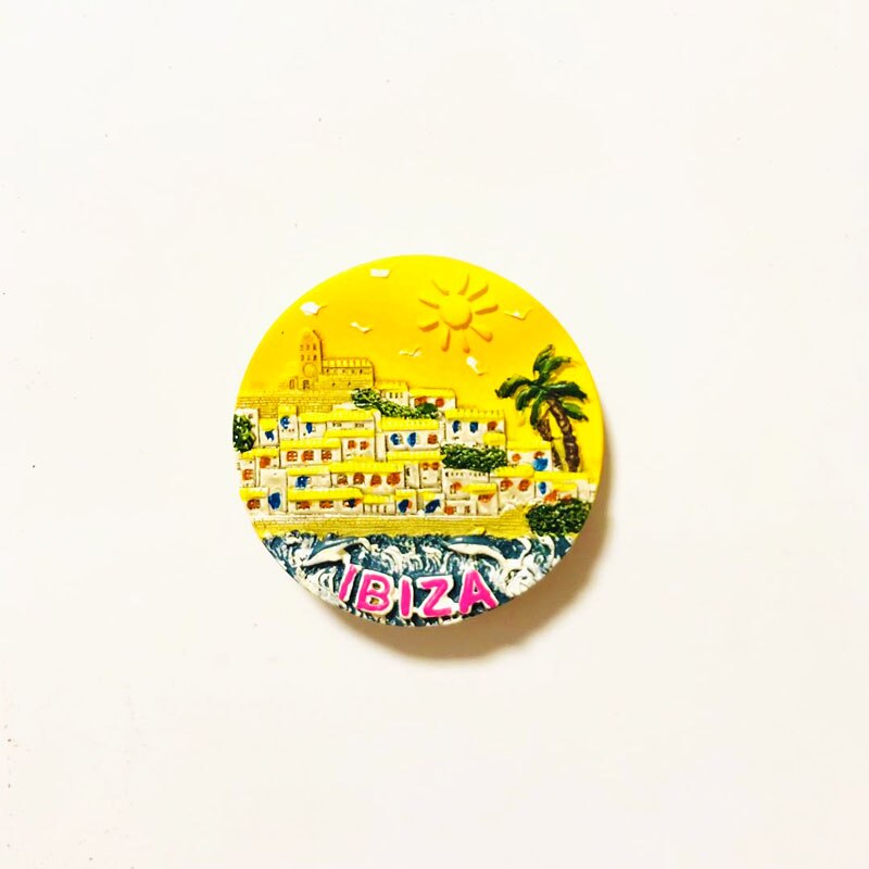 Imanes de nevera de Ibiza, Benldorm, Hawaii, Sevilla, ventilador de flores, pegatina magnética para nevera, recuerdo de viaje mundial: Ibiza