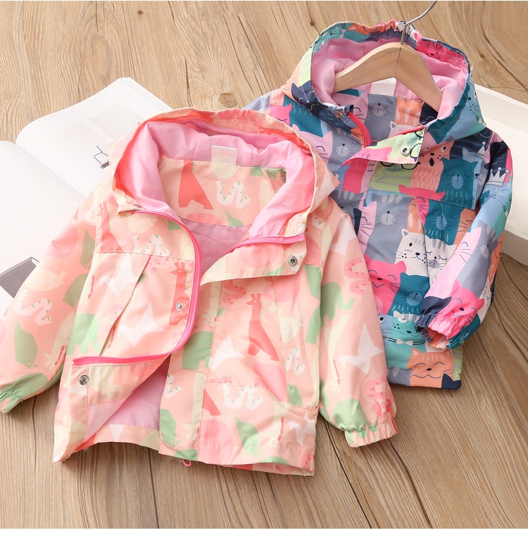 Spring Autumn Girls Windbreaker Coat Jackets Baby Kids Cartoon Printing Hooded Outwear For Baby Kids Coats Jacket Clothing