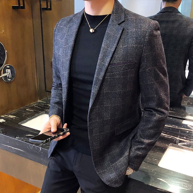 Vintage rutig kavaj brittisk snygg manlig kavaj kostymjacka business casual kavaj med en knapp för män vanlig abrigo hombre