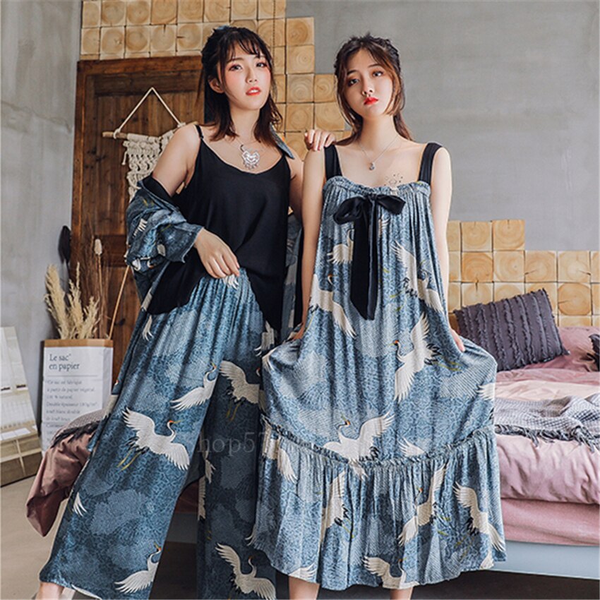 Ukiyo-e-Kimono japonés para mujer, traje de pijama de grulla Vinatge Yukata, abrigo + Top + Pantalones, ropa asiática Haori Samurai Harajuku, 3 uds.