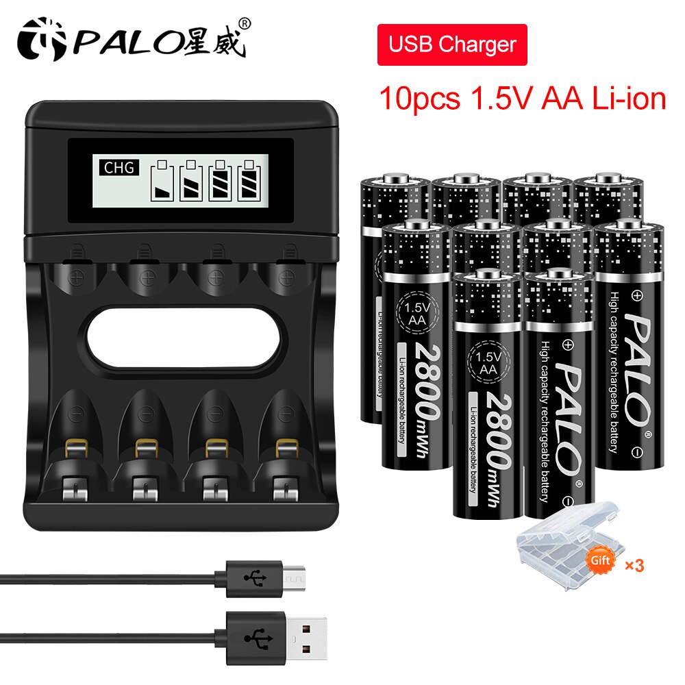 PALO – batterie rechargeable AA 1.5V, 2800mwh, lithium-ion, AA + 4 canaux, polymère, 1.5V: 10AA and charger
