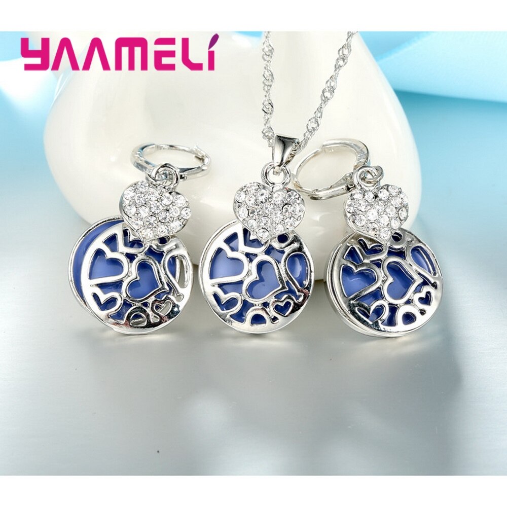 Conjunto de joyería de plata de ley 925 para mujer, collar y pendientes con forma de corazón azul profundo, de San Valentín, boda