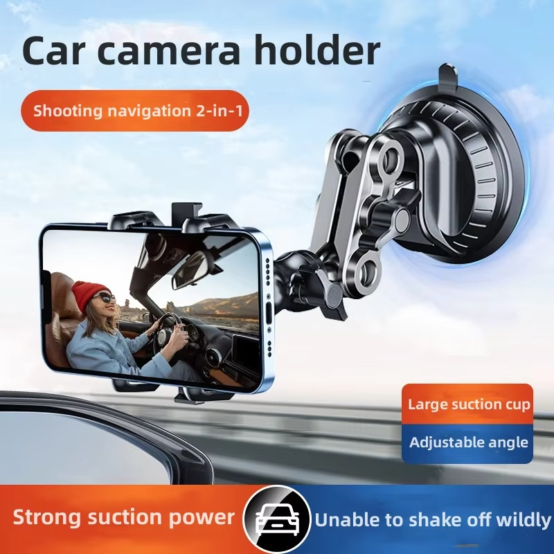 Autotelefonhalter zum Schießen von Autos, zwei in einem starken Saugnapf, mehrere Winkel verstellbar, Clip-Halfter aus Aluminiumlegierung