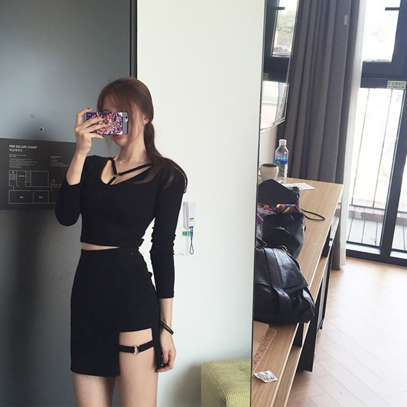 Koreaanse Stijl Zwart Pakket Hippe Rokken Spleet Onregelmatige Zoom Potlood Micro Mini Rok
