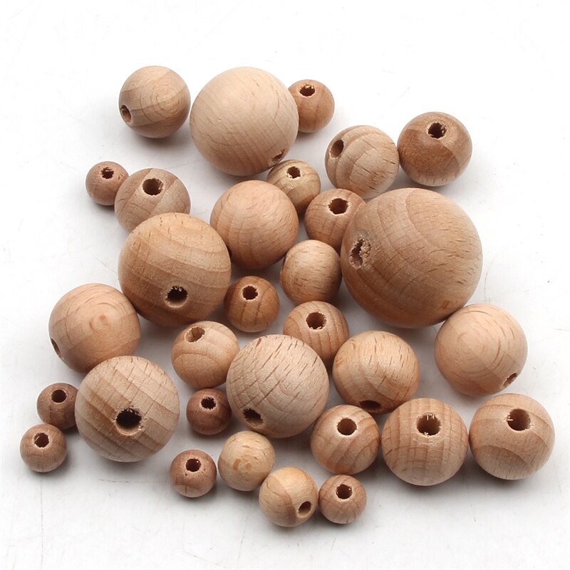 Dentition en hêtre naturel, boule ronde en bois, 8-30mm, perles rondes en bois, pour la fabrication de bracelets et de bijoux collier à faire soi-même