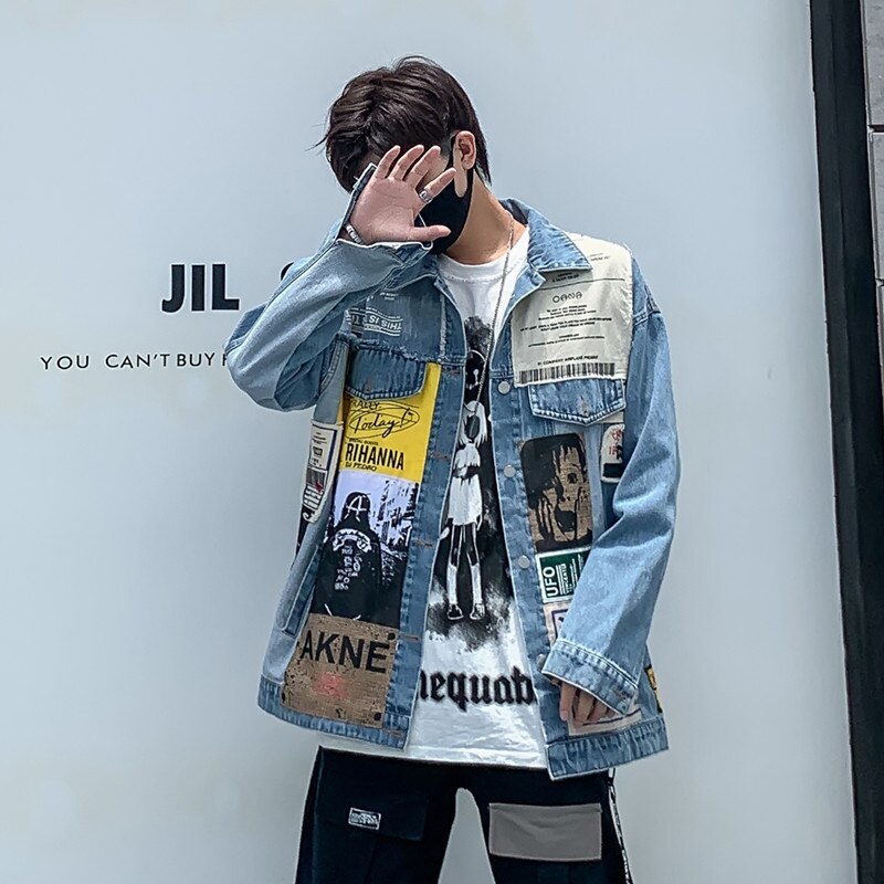 Harajuku Denim Coat Man Loose Hip Hop Single Breasted Lapel Denim Jacket Spring Autumn Couple Clothing