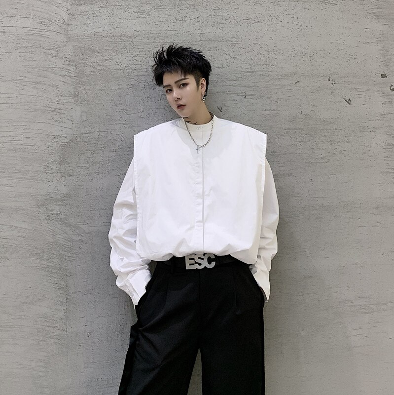 Camisa informal de manga larga con hombros anchos y cuello alto de color blanco para hombre, ropa de calle de Japón, vestido suelto a la , camisa, ropa para escenario